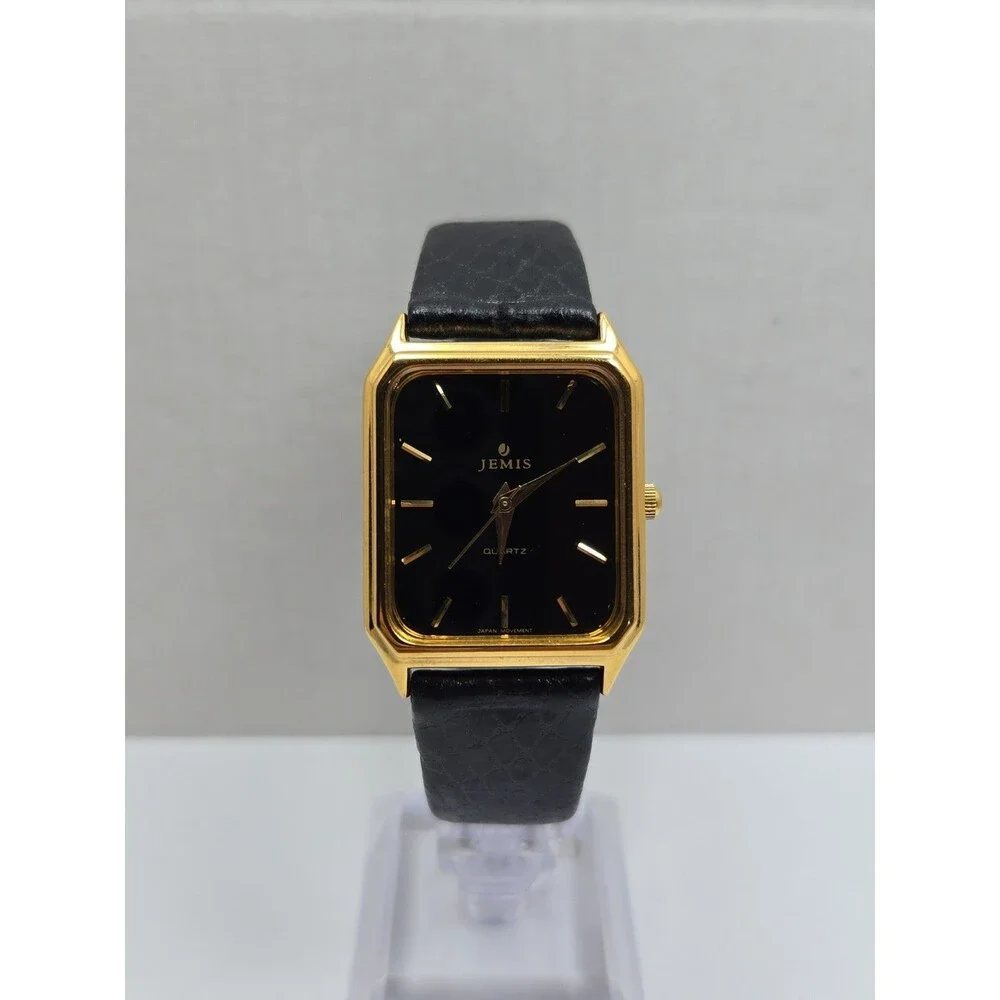 Vintage Jemis by Seiko 27mm Tank Dress Watch Black Dial Gold Tone New Battery
